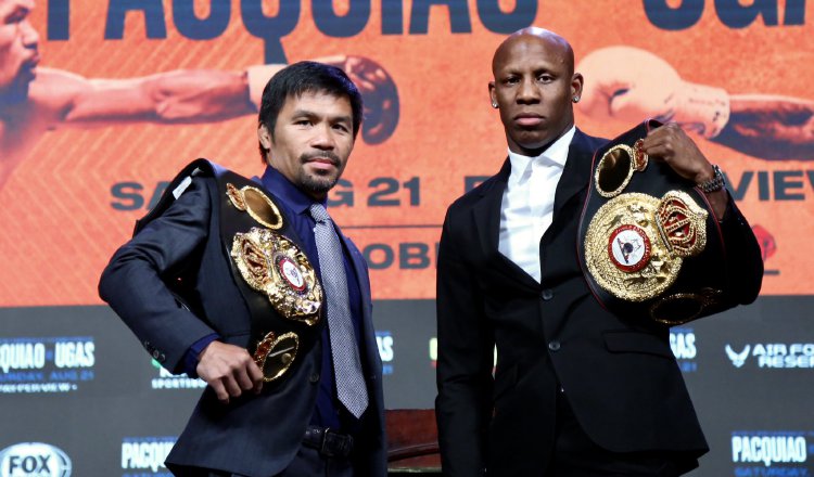 El filipino Manny Pacquiao y el cubano Yordenis Ugás. Foto:@mannypacquiao 