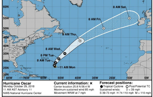 Imagen cedida por el Centro Nacional de Huracanes (NHC) de EE.UU. que muestra el pronóstico de cinco días del huracán de categoría 1 Óscar.