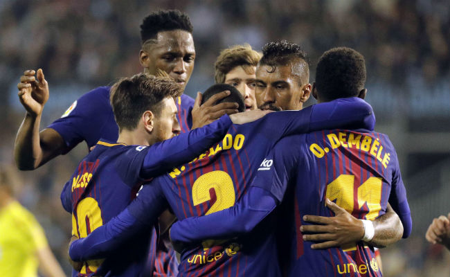 Los jugadores del FC Barcelona celebran el segundo gol ante el Celta. Foto:EFE