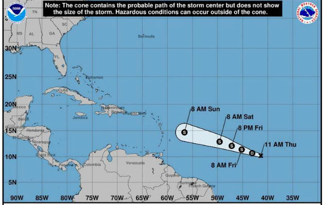 En la imagen se observa tres días de la trayectoria de la tormenta tropical Beryl. Foto: EFE