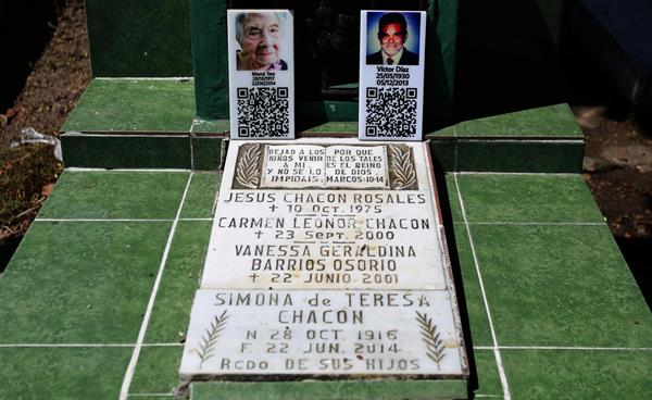 Vista de una tumba familiar con códigos QR que contienen información sobre los fallecidos en el Cementerio General de San Salvador (El Salvador). EFE