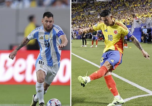 Lionel Messi y James Rodríguez, capitanes y estrellas de las selecciones argentina y colombiana. Foto: EFE