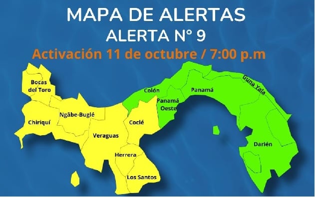 Mapa indicativo de las zonas del país en que la alerta se subió a lluvia. / Imagen de Sinaproc