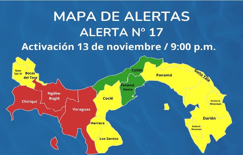 Se declara la alerta amarilla para el resto del territorio nacional con excepción de las provincias de Panamá Oeste y Colón que mantienen alerta verde.