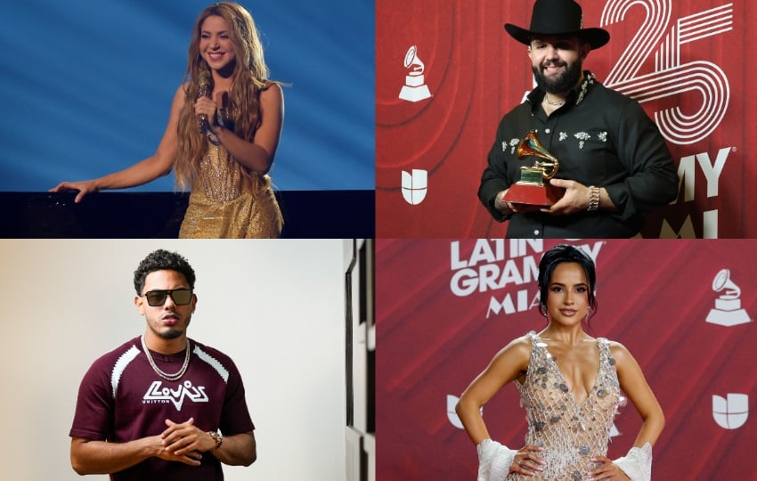 Shakira (i-arriba), Carín León (d-arriba), Myke Towers (i-abajo), y Becky G. Foto: EFE/ Julio Muñoz / Octavio Guzmán / Borja Sánchez Trillo / Eva Marie Uzcátegui